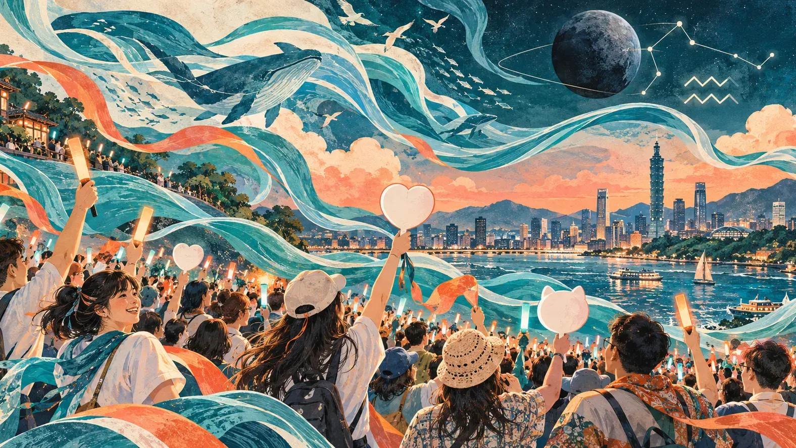 洋流、應援人群與台北天際線，搭配冥王星和水瓶座元素的插畫