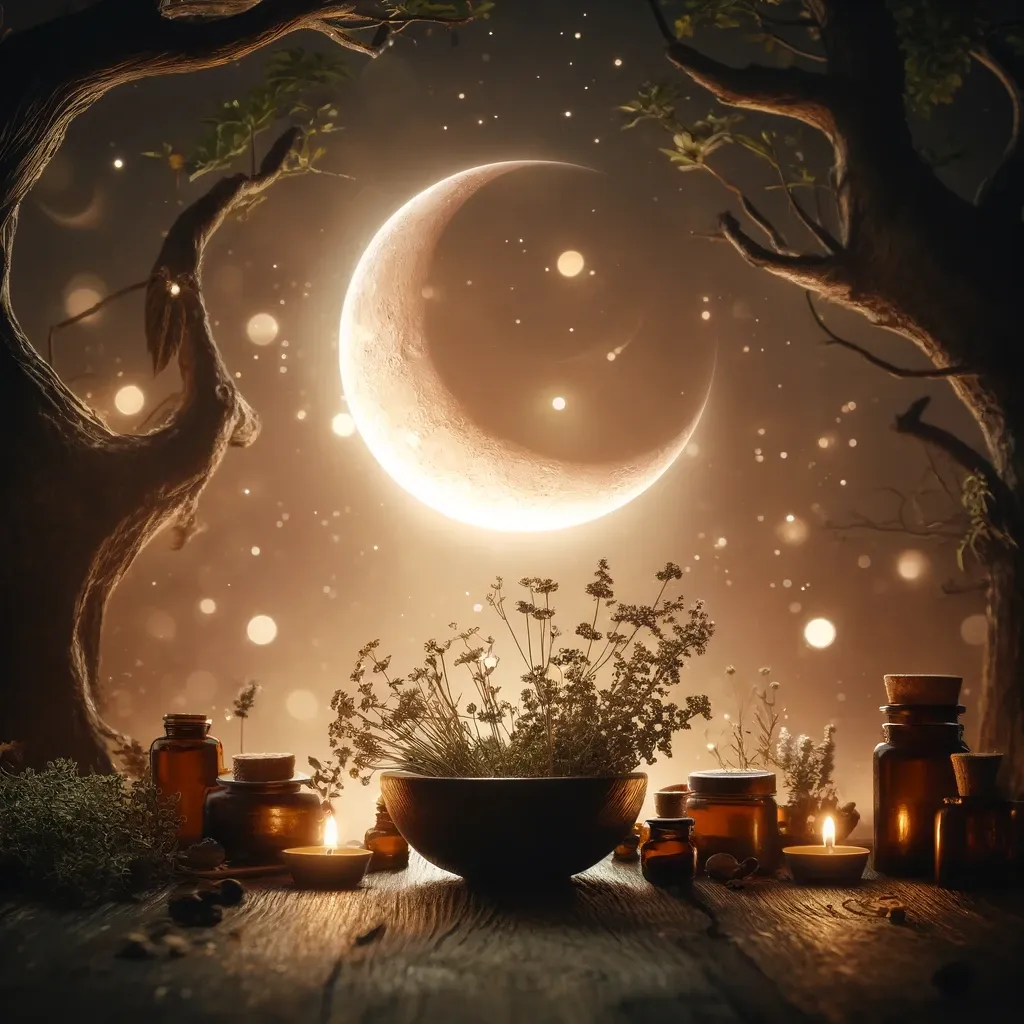 Dall·e 2024 06 07 11.06.07 A Serene And Mystical Scene For A Moon Blessing Package Featuring A Crescent Moon. The Background Showcases A Crescent Moon Glowing Softly In A Starry