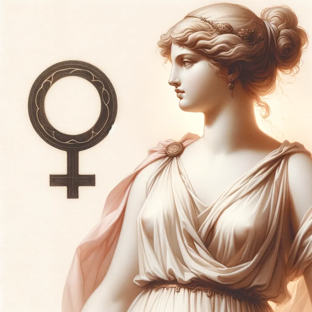 Dall·e 2024 05 15 10.54.59 An Artistic Image Of The Roman Goddess Venus Depicted In Classical Style With Flowing Robes And A Serene Expression. Beside Her Include The Symbol O