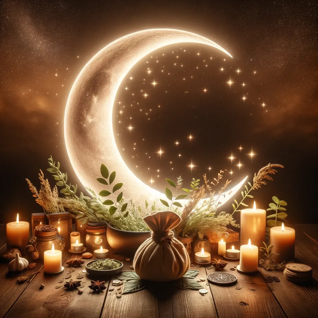 Dall·e 2024 06 07 11.07.19 A Serene And Mystical Scene For A Moon Blessing Package Featuring A Crescent Moon. The Background Showcases A Crescent Moon Glowing Softly In A Starry